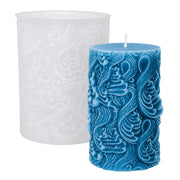 Silicone mold for pillar candle with embossed Atlantic wave design and example of finished candle - Canary Islands Shop - Santa Cruz de Tenerife - Las Palmas de Gran Canaria 