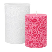 Silicone mold for a pillar candle with embossed roses and an example of a finished handmade candle - Canary Islands Shop - Santa Cruz de Tenerife - Las Palmas de Gran Canaria 