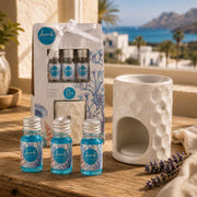 White ceramic oil burner set with Ocean fragrance oils for home fragrance in Tenerife
